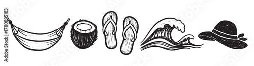 Hand-drawn black and white sketches of a hammock, coconut, flip-flops, ocean wave, and sun hat depict a tropical and beach-themed collection.
