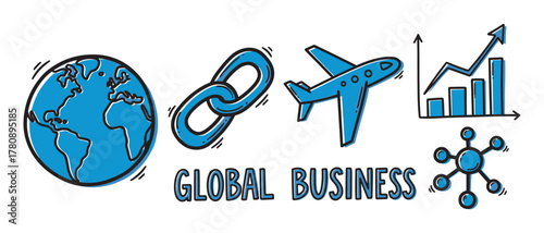 Blue and black doodle icons representing global business concepts, including a globe, chain link, airplane, bar chart, and network.