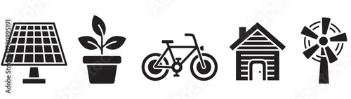 Black and white silhouette icons show a solar panel, potted plant, bicycle, house, and wind turbine, representing sustainable living and eco-friendly concepts.