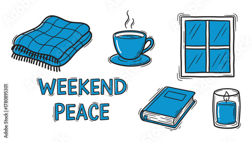 Illustrated collection of cozy objects including a blue checkered blanket, steaming cup, window, book, and a candle with "weekend peace" text in blue.