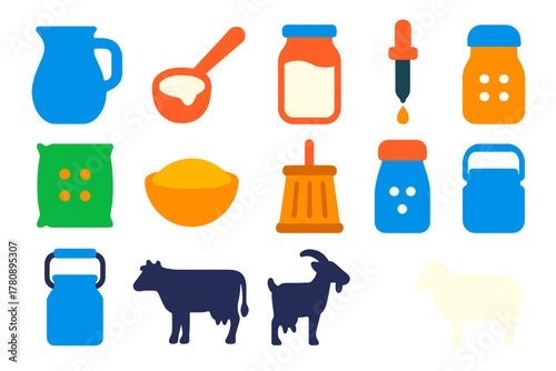 Dairy Ingredient Icons. Flat vector icons of Dairy Ingredients: milk jug, cream ladle, buttermilk jar, rennet dropper, culture