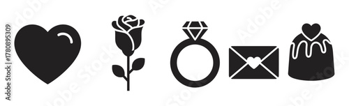 Black silhouettes of a heart, rose, diamond ring, love letter, and heart-topped cake arranged in a row.