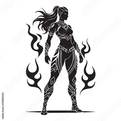 Silhouette of a powerful female warrior with flowing hair and armor surrounded by dark smoky wisps against a white background
