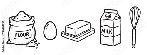 Black and white line art depicting common baking ingredients including a sack of flour, an egg, a stick of butter, a carton of milk, and a whisk.