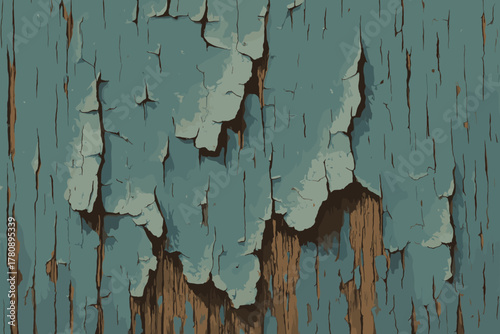 Peeling Blue Paint. Close-up of peeling vector illustration blue paint on a weathered wooden surface, rich textures and muted