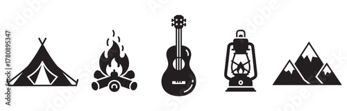 Black silhouette icons featuring a camping tent, a campfire with logs, an acoustic guitar, a vintage lantern, and a mountain range with snowcaps.