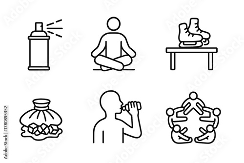Recovery Iconography Set. Line style icons of recovery and cooldown: cold spray can, sit and breathe icon, skates off on bench,