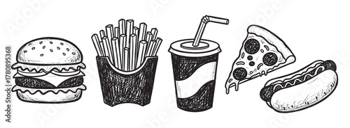 Hand-drawn black and white illustration of fast food items including a hamburger, fries, a soda, a slice of pizza, and a hot dog.
