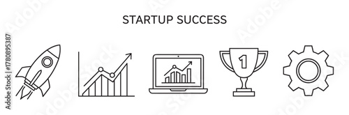 Black outline icons of a rocket, upward graph, laptop, trophy, and gear symbolizing startup success.