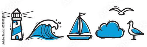 Hand-drawn nautical icons including a lighthouse, wave, sailboat, cloud, and birds in a simple blue and black style.