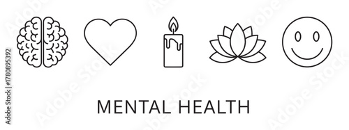 Black outline icons of a brain, heart, candle, lotus flower, and smiley face representing mental health concepts.