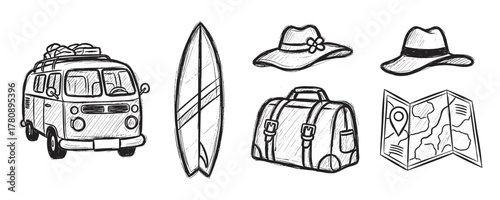 Hand-drawn black and white illustrations of a camper van, surfboard, sun hats, travel bag, and a road map, ideal for travel and adventure themes.