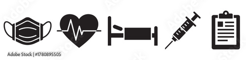 Black icons of a face mask, heartbeat, hospital bed, syringe, and clipboard, representing medical and healthcare concepts.
