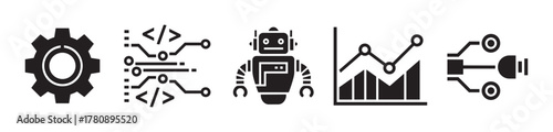 Black icons depicting a gear, coding symbol, robot, bar graph with line chart, and circuit connection, representing technology and data concepts.