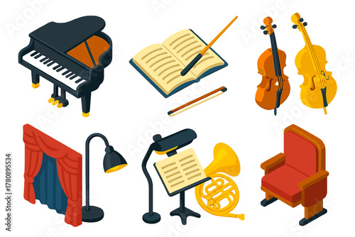 Orchestral Instruments Icons. Isometric vector illustration set Musical genres – grand piano, conductor baton, orchestral score;