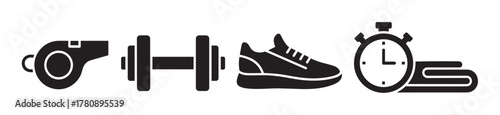 Black silhouette icons of a whistle, dumbbell, sneaker, and stopwatch with rolled-up mat, representing fitness and sports equipment.