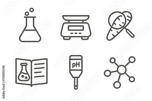 Food Innovation Icons. Line style icons of food innovation tools: lab flask with bubbles, precision scale icon, ingredient