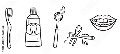 Black outline icons of a toothbrush, toothpaste tube, dental mirror, dental floss, and a smiling mouth with visible teeth.