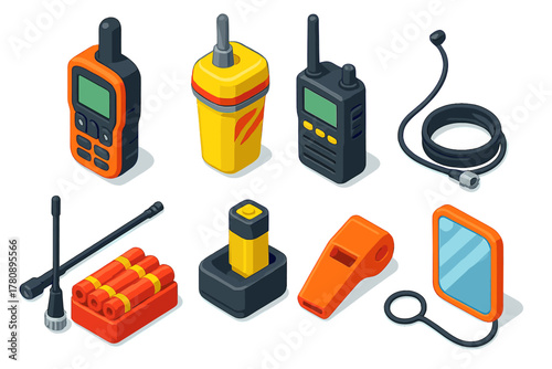 Disaster Preparedness Kit Icons. Isometric vector illustration set Disaster preparedness – satellite communicator, emergency
