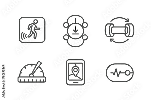 Exoskeleton Sensor Icons. Line style icons of exoskeleton sensors: motion detector, pressure sensor node, torque feedback icon,