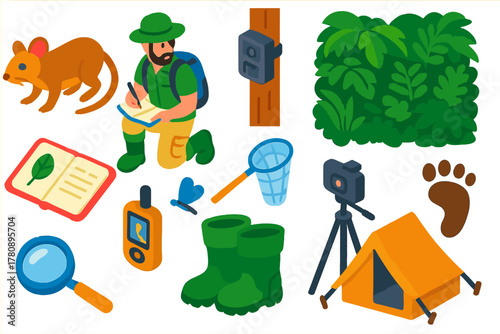 Species Rediscovery Adventure. Isometric vector illustration set Species Rediscovery: hidden animal thought extinct, field