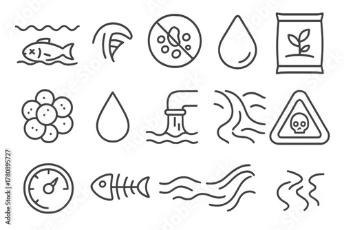 Waterway Contamination Icons. Line style icons of Waterway Contamination: Dead Zone, Fish Gill, Low Oxygen, Nutrient Runoff; Algae