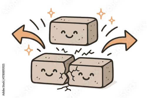 Smiling Rock Experiment. Adorable doodle fault slip experiment with smiling rock blocks, cartoon arrows showing stress release,