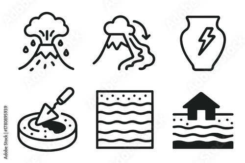 Disaster Archaeology Icons. Line style icons of Disaster Archaeology: volcanic ash icon, pyroclastic flow path, vitrified artifact