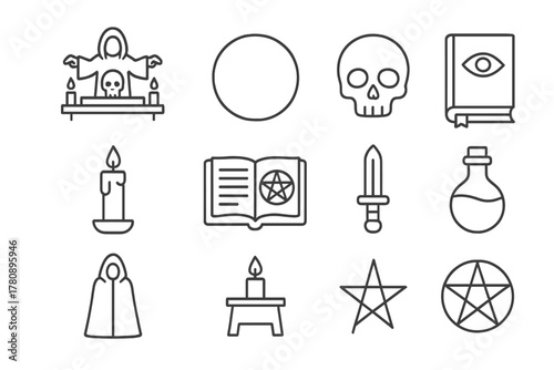 Esoteric Practice Icons. Line style icons of Esoteric Practices: Necromantic Ritual, Circle, Skull, Forbidden Knowledge; Candle,