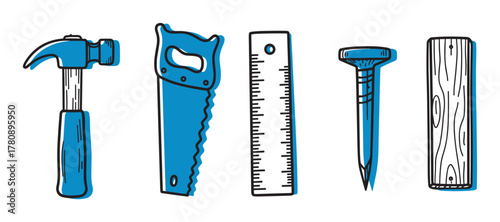 Illustrated set of blue and black hand tools, including a hammer, saw, ruler, nail, and wooden log, depicted in a simplistic, outlined style.
