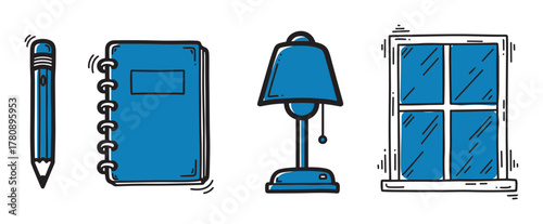 Simple blue-themed illustrations of a pencil, spiral notebook, table lamp, and window arranged in a row.