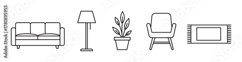 Black outline icons of a sofa, floor lamp, potted plant, armchair, and rug for interior design and home decor concepts.
