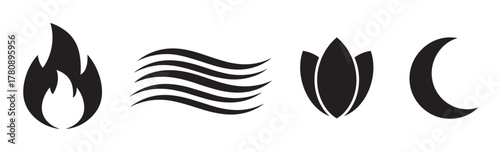 Black silhouette icons representing fire, waves, a stylized leaf, and a crescent moon, symbolizing elements and nature concepts.