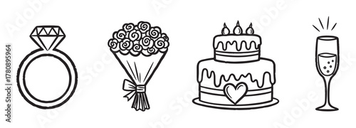 Black outline icons of a diamond ring, a bouquet of flowers, a decorated cake with candles, and a champagne flute, symbolizing wedding and celebration themes.