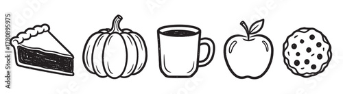 Black and white outline illustrations of a slice of pie, a pumpkin, a mug, an apple, and a cookie arranged in a row.