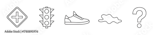 Simple black outline icons of a crossroad sign, traffic light, sneaker, puddle, and question mark, representing various concepts.