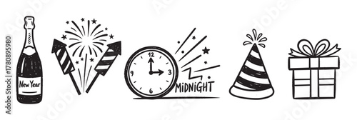 Hand-drawn new year elements including a champagne bottle, fireworks, a clock striking midnight, a party hat, and a wrapped gift.