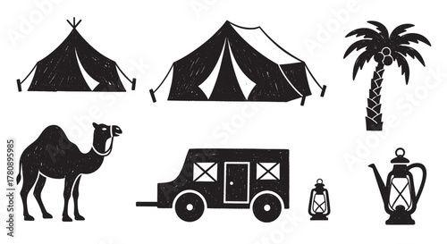 Black silhouette icons of triangular and rectangular tents, palm tree, camel, vehicle, lanterns, and a decorative teapot.