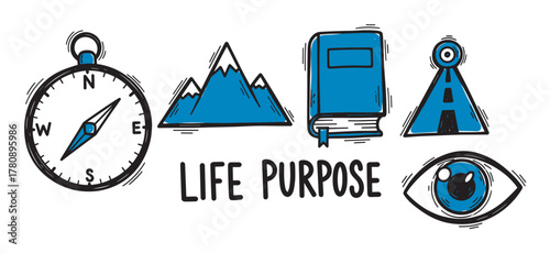 Hand-drawn illustrations of a compass, mountains, a book, signal tower, and an eye, with the phrase "life purpose" in bold letters.