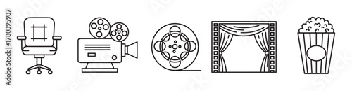 Black outline icons of a director's chair, vintage movie camera, film reel, theater stage with curtains, and a popcorn bucket, representing cinema and film concepts.