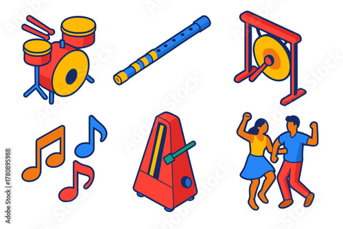 Dance and Music Icons. Isometric vector illustration set Dance Music and Rhythm: drum set, flute, gong, rhythm notes, metronome,