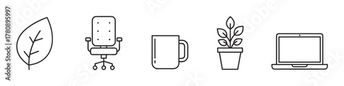 Black outline vector icons of a leaf, office chair, mug, potted plant, and laptop arranged in a row, each symbolizing nature, work, relaxation, greenery, and technology.