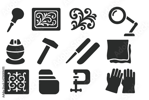 Artisan Engraving Tools. Solid style icons of Artisan metal engraving: burin, silver plate, intricate scrollwork, magnifying lamp,