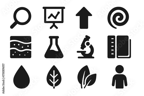 Environmental Icons Collection. Solid style icons of environmental reconstruction methods: magnifying glass, graph, arrow, spiral,