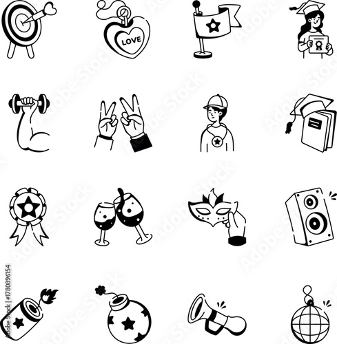 Set of Hand Drawn Anniversary and Milestone Icons  