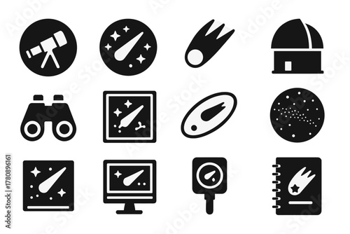 Comet Observation Icons. Solid style icons of comet observation: telescope view, starry sky, comet streak, observatory dome,