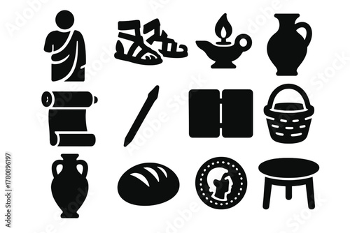 Roman Life Icons. Solid style icons of Daily Roman Life: Toga, Sandals, Lamp, Pottery, Scroll, Stylus, Wax Tablet, Basket, Amphora