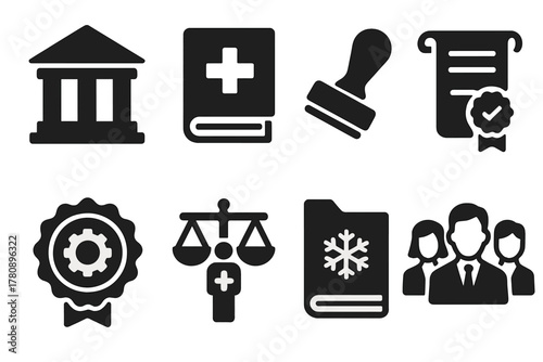 Cryo-Legal Icon Set. Solid style icons of cryo-legal infrastructure: government regulation icon, medical codebook, court approval