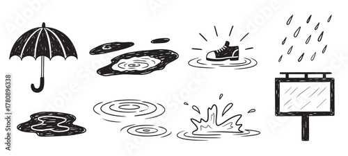 Black and white line drawings featuring an umbrella, puddles, a shoe, raindrops, and a blank sign, illustrating various aspects of rainy weather.