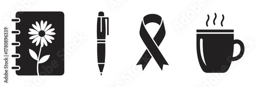 Black silhouette icons of a flower notebook, pen, awareness ribbon, and steaming coffee mug arranged in a row.